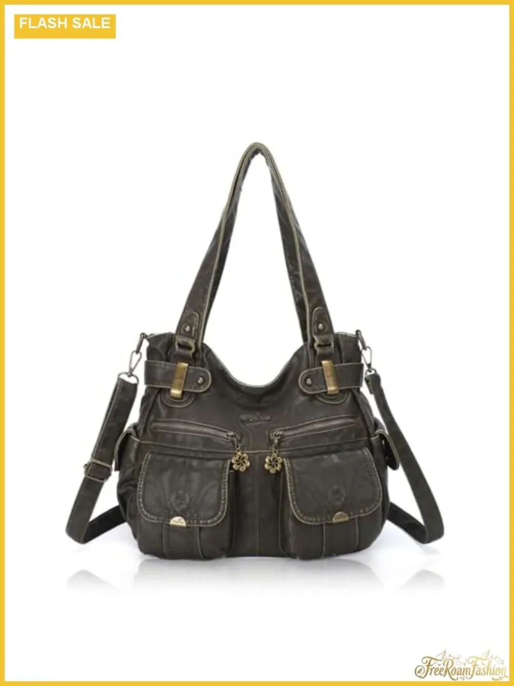 Washed PU Leather Hobo Tote Double Zipper Multi Pocket Shoulder Bag